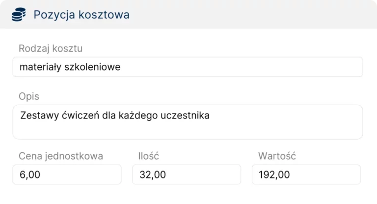 Dodawanie pozycji kosztowej