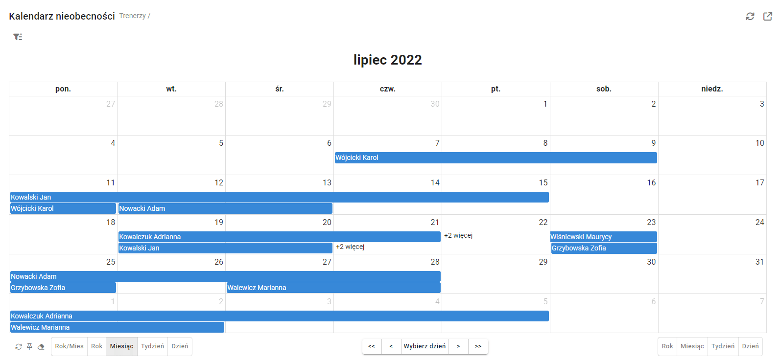 kalendarz nieobecności trenerów w bs4 mentor