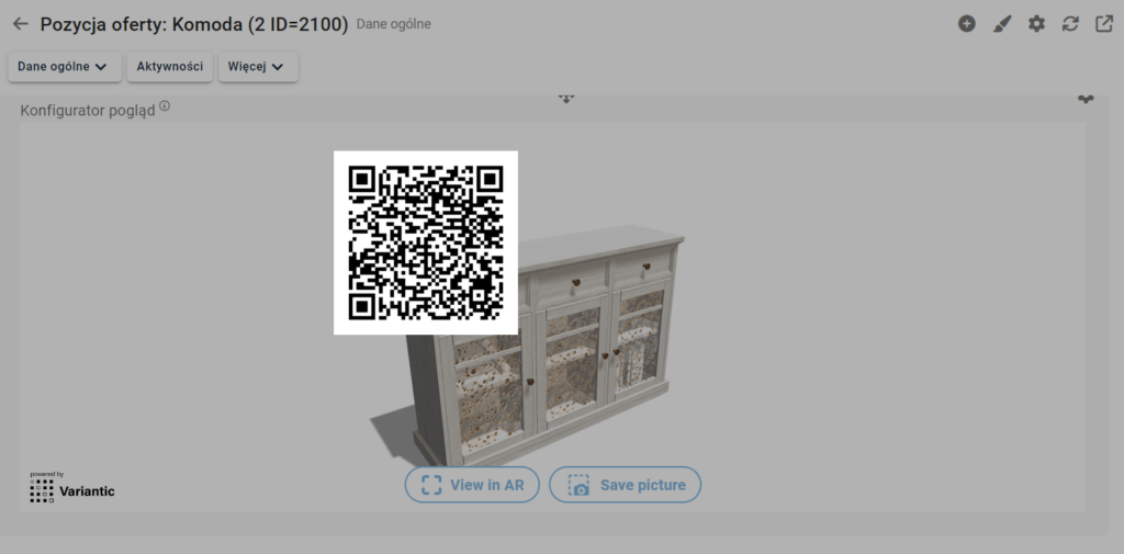 Wizualizacja 3D komody w programie bs4 3D, wraz z podanym kodem do wizualizacji AR.