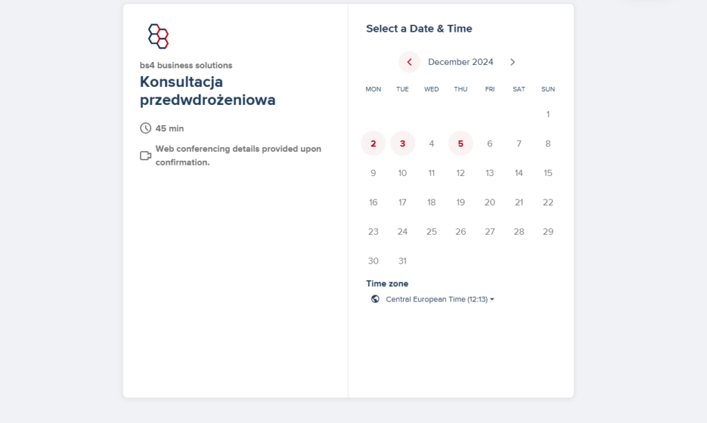 Calendly na stronie kontaktowej firmybs4.