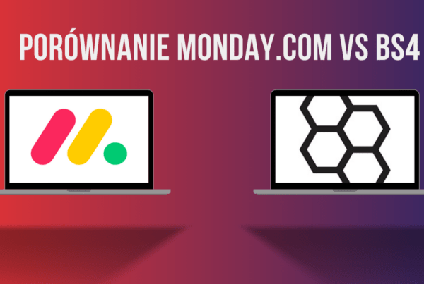 Grafika ukazująca dwa laptopy, w jednej logo Monday, w drugiej logo bs4. Porównanie monday vs bs4.