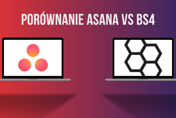 Grafika ukazująca dwa laptopy, w jednej logo Monday, w drugiej logo bs4. Porównanie Asana vs bs4. Alternatywa dla Asana.