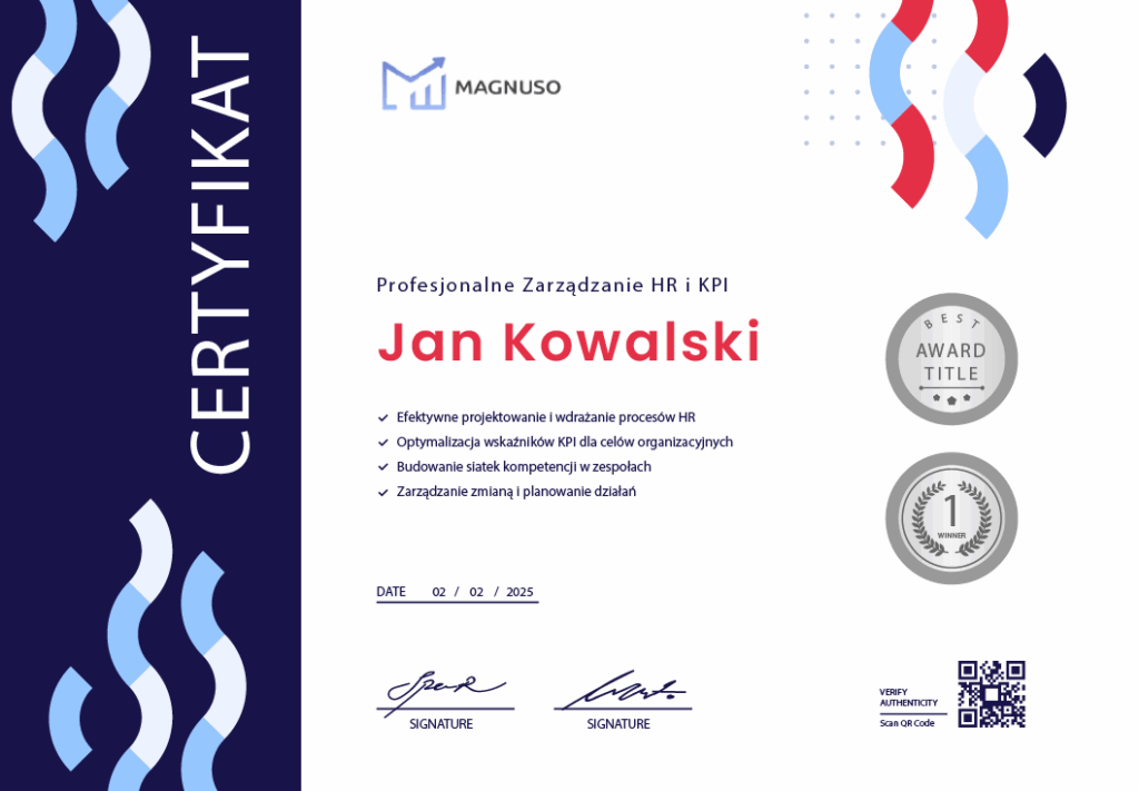 Wzór certyfikatu ze szkolenia "Wykorzystanie AI w rekrutacji" firmy Magnuso