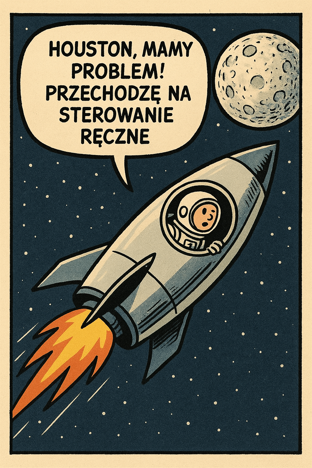 Astronaut w rakiecie mówi: „Houston, mamy problem! Przechodzę na sterowanie ręczne”.